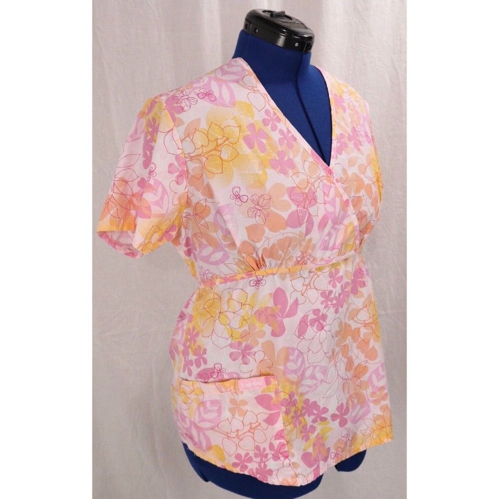 Landau Scrub Top Extra Large Pink Floral Medical Uniform XL Shirt V Neck Tied - Picture 2 of 12